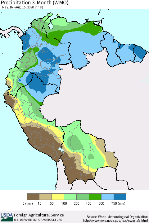 Northern South America Precipitation 3-Month (WMO) Thematic Map For 5/16/2020 - 8/15/2020