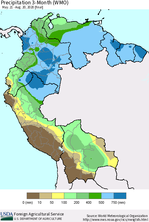 Northern South America Precipitation 3-Month (WMO) Thematic Map For 5/21/2020 - 8/20/2020