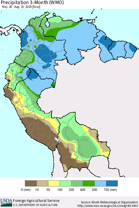 Northern South America Precipitation 3-Month (WMO) Thematic Map For 5/26/2020 - 8/25/2020