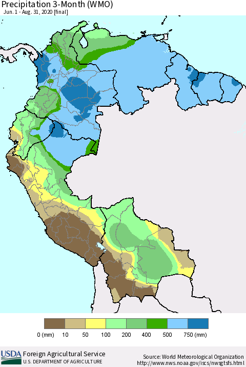 Northern South America Precipitation 3-Month (WMO) Thematic Map For 6/1/2020 - 8/31/2020