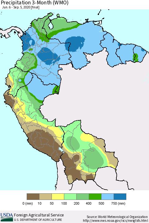 Northern South America Precipitation 3-Month (WMO) Thematic Map For 6/6/2020 - 9/5/2020
