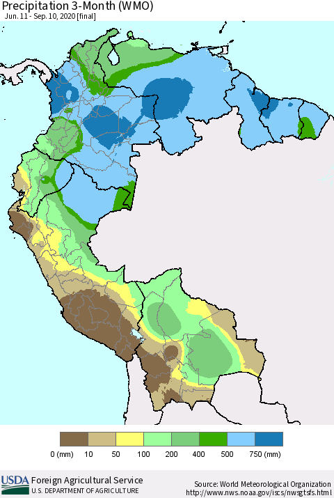 Northern South America Precipitation 3-Month (WMO) Thematic Map For 6/11/2020 - 9/10/2020