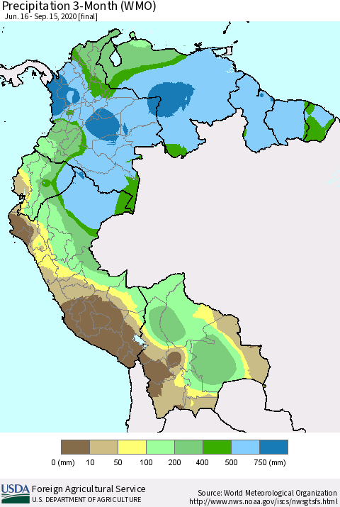 Northern South America Precipitation 3-Month (WMO) Thematic Map For 6/16/2020 - 9/15/2020