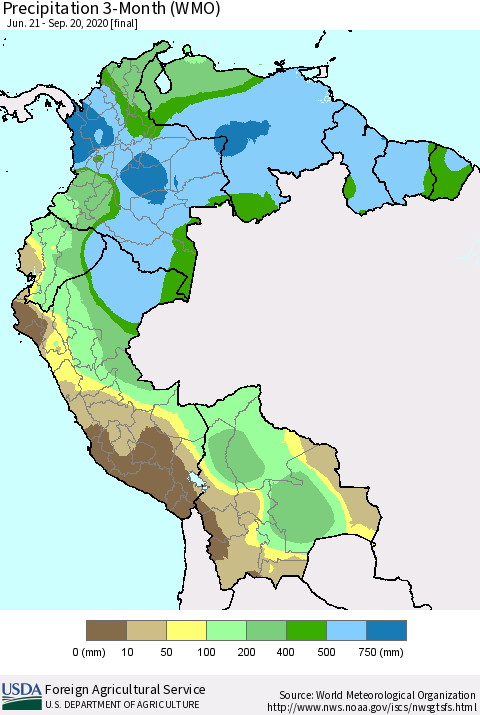 Northern South America Precipitation 3-Month (WMO) Thematic Map For 6/21/2020 - 9/20/2020