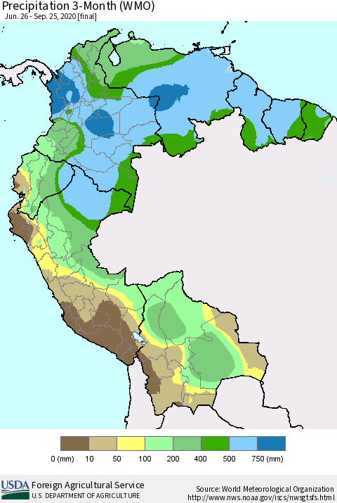 Northern South America Precipitation 3-Month (WMO) Thematic Map For 6/26/2020 - 9/25/2020