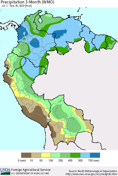 Northern South America Precipitation 3-Month (WMO) Thematic Map For 7/1/2020 - 9/30/2020