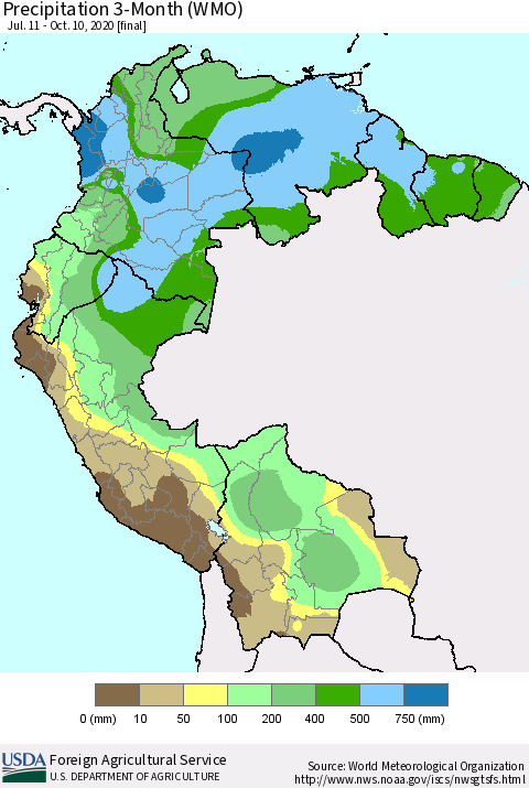 Northern South America Precipitation 3-Month (WMO) Thematic Map For 7/11/2020 - 10/10/2020