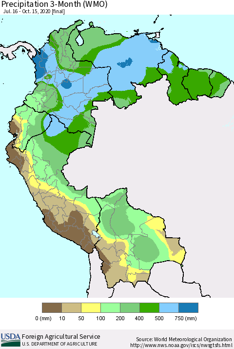 Northern South America Precipitation 3-Month (WMO) Thematic Map For 7/16/2020 - 10/15/2020