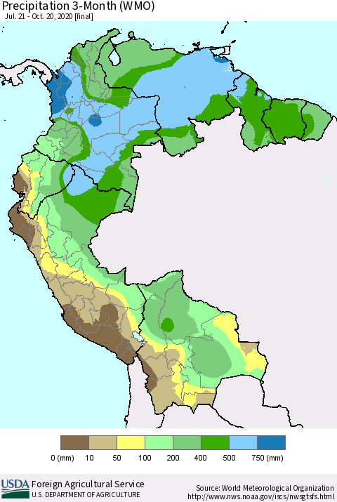 Northern South America Precipitation 3-Month (WMO) Thematic Map For 7/21/2020 - 10/20/2020