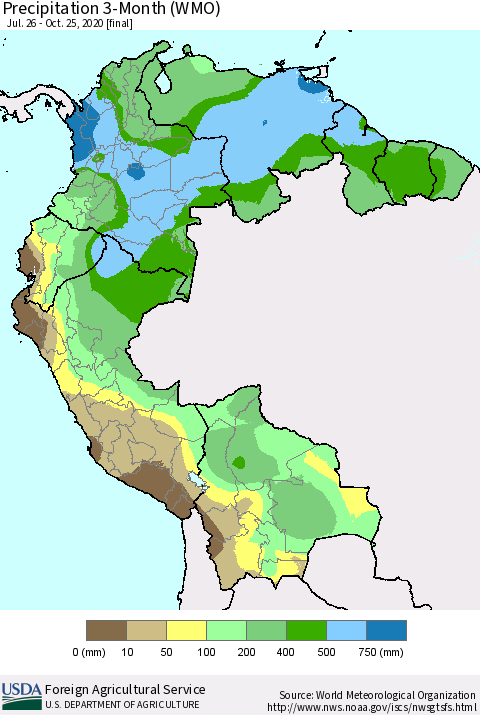 Northern South America Precipitation 3-Month (WMO) Thematic Map For 7/26/2020 - 10/25/2020
