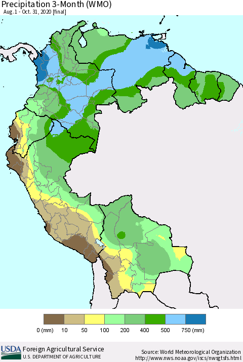 Northern South America Precipitation 3-Month (WMO) Thematic Map For 8/1/2020 - 10/31/2020