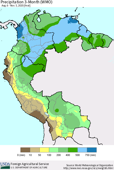 Northern South America Precipitation 3-Month (WMO) Thematic Map For 8/6/2020 - 11/5/2020
