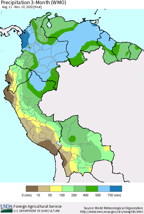 Northern South America Precipitation 3-Month (WMO) Thematic Map For 8/11/2020 - 11/10/2020