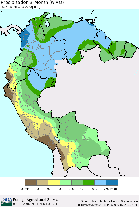 Northern South America Precipitation 3-Month (WMO) Thematic Map For 8/16/2020 - 11/15/2020