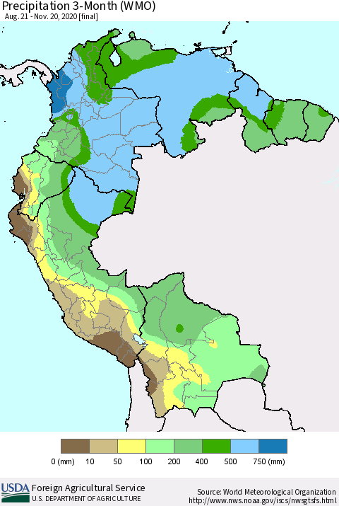 Northern South America Precipitation 3-Month (WMO) Thematic Map For 8/21/2020 - 11/20/2020
