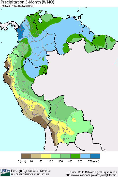 Northern South America Precipitation 3-Month (WMO) Thematic Map For 8/26/2020 - 11/25/2020