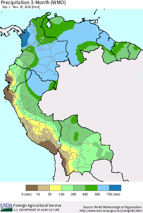 Northern South America Precipitation 3-Month (WMO) Thematic Map For 9/1/2020 - 11/30/2020