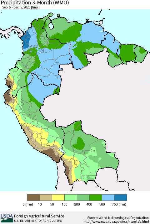 Northern South America Precipitation 3-Month (WMO) Thematic Map For 9/6/2020 - 12/5/2020