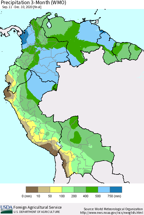 Northern South America Precipitation 3-Month (WMO) Thematic Map For 9/11/2020 - 12/10/2020
