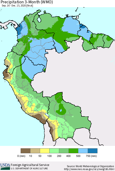 Northern South America Precipitation 3-Month (WMO) Thematic Map For 9/16/2020 - 12/15/2020