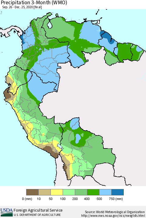 Northern South America Precipitation 3-Month (WMO) Thematic Map For 9/26/2020 - 12/25/2020