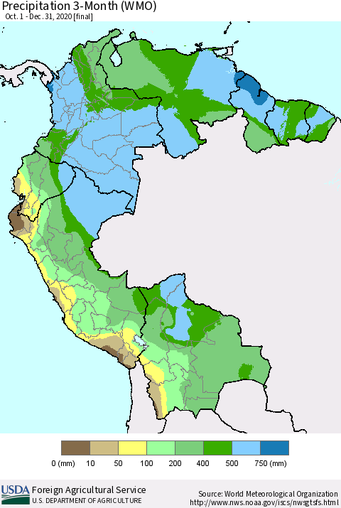 Northern South America Precipitation 3-Month (WMO) Thematic Map For 10/1/2020 - 12/31/2020