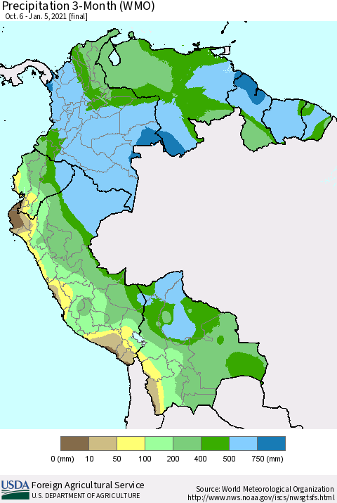 Northern South America Precipitation 3-Month (WMO) Thematic Map For 10/6/2020 - 1/5/2021