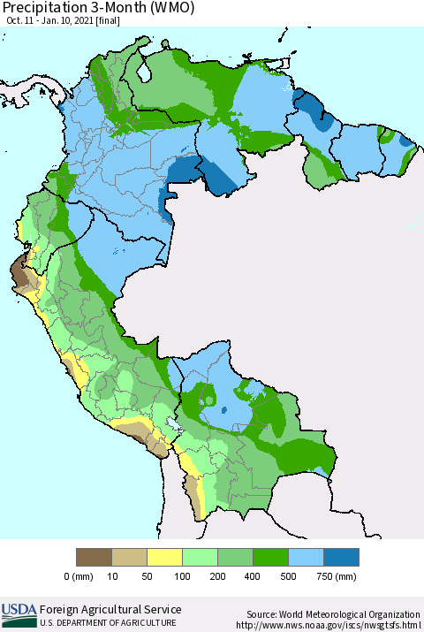 Northern South America Precipitation 3-Month (WMO) Thematic Map For 10/11/2020 - 1/10/2021