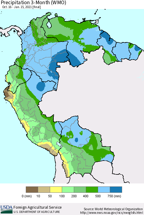 Northern South America Precipitation 3-Month (WMO) Thematic Map For 10/16/2020 - 1/15/2021