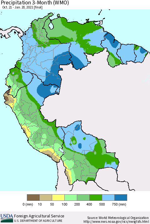 Northern South America Precipitation 3-Month (WMO) Thematic Map For 10/21/2020 - 1/20/2021