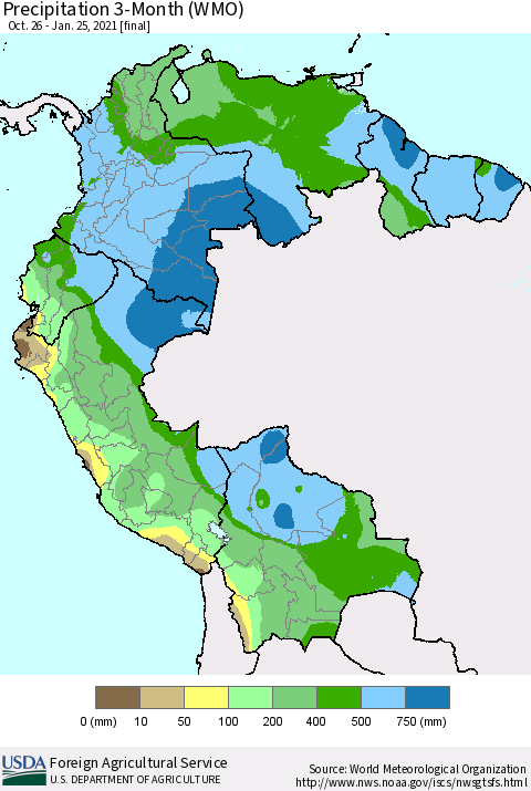 Northern South America Precipitation 3-Month (WMO) Thematic Map For 10/26/2020 - 1/25/2021