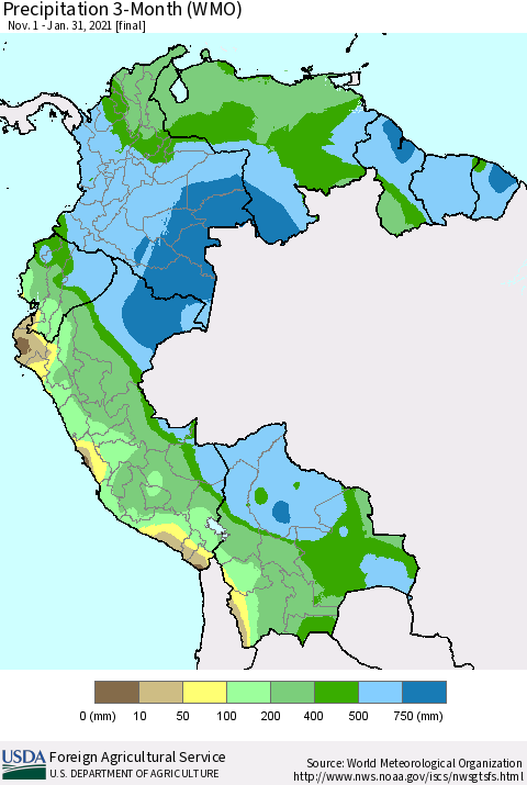 Northern South America Precipitation 3-Month (WMO) Thematic Map For 11/1/2020 - 1/31/2021
