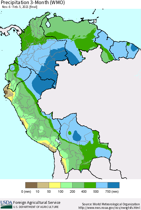 Northern South America Precipitation 3-Month (WMO) Thematic Map For 11/6/2020 - 2/5/2021