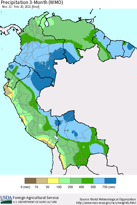 Northern South America Precipitation 3-Month (WMO) Thematic Map For 11/21/2020 - 2/20/2021
