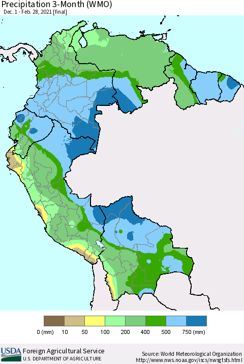 Northern South America Precipitation 3-Month (WMO) Thematic Map For 12/1/2020 - 2/28/2021