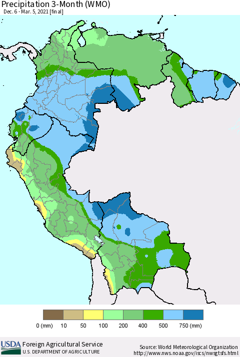 Northern South America Precipitation 3-Month (WMO) Thematic Map For 12/6/2020 - 3/5/2021