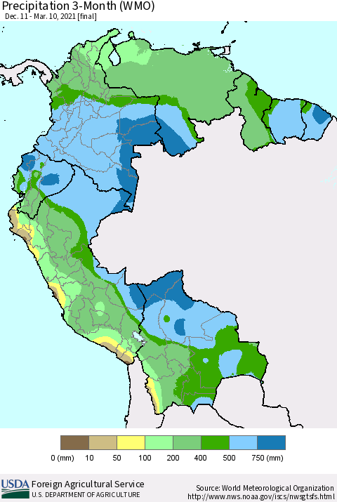 Northern South America Precipitation 3-Month (WMO) Thematic Map For 12/11/2020 - 3/10/2021