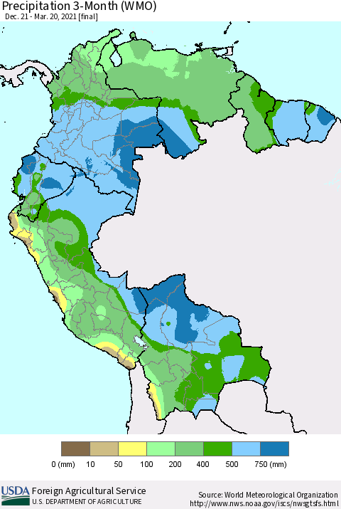 Northern South America Precipitation 3-Month (WMO) Thematic Map For 12/21/2020 - 3/20/2021