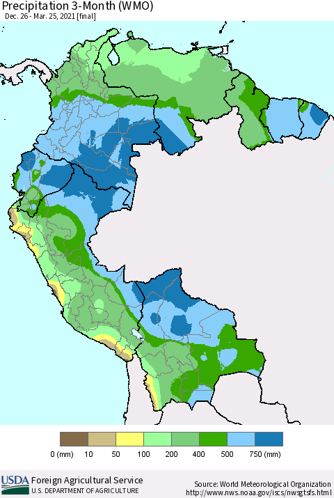 Northern South America Precipitation 3-Month (WMO) Thematic Map For 12/26/2020 - 3/25/2021