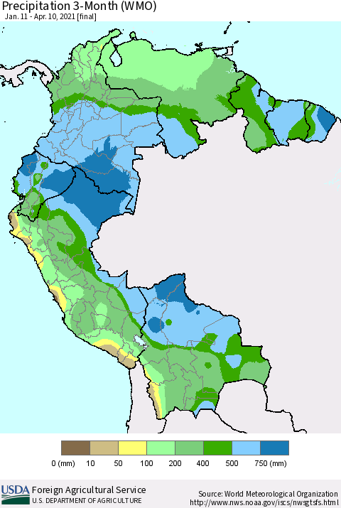 Northern South America Precipitation 3-Month (WMO) Thematic Map For 1/11/2021 - 4/10/2021