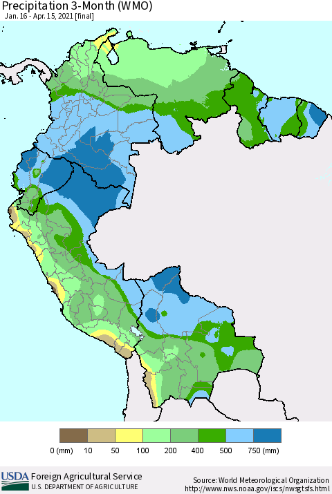 Northern South America Precipitation 3-Month (WMO) Thematic Map For 1/16/2021 - 4/15/2021