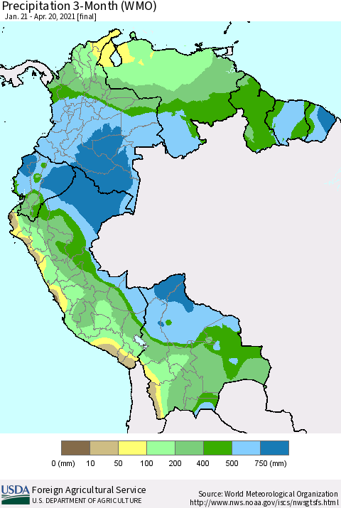 Northern South America Precipitation 3-Month (WMO) Thematic Map For 1/21/2021 - 4/20/2021