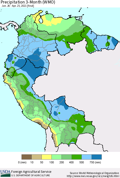 Northern South America Precipitation 3-Month (WMO) Thematic Map For 1/26/2021 - 4/25/2021