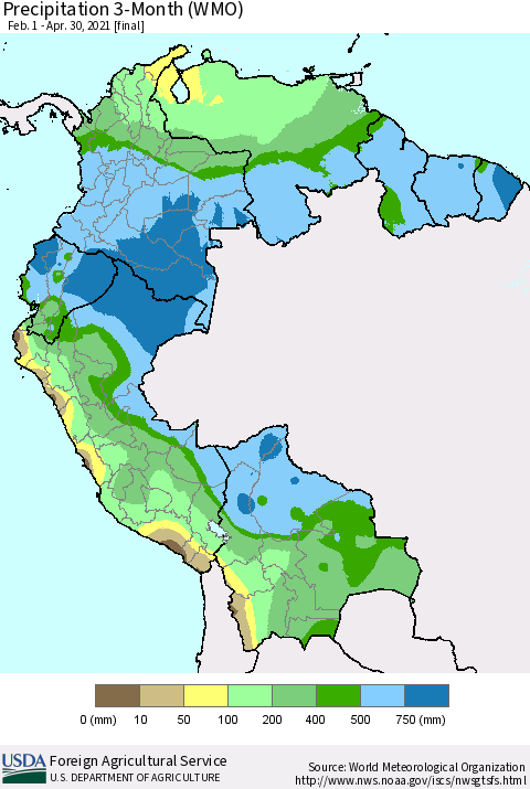 Northern South America Precipitation 3-Month (WMO) Thematic Map For 2/1/2021 - 4/30/2021