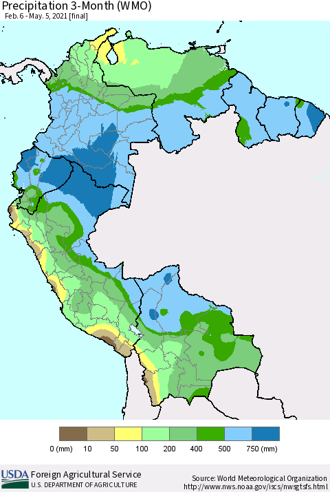 Northern South America Precipitation 3-Month (WMO) Thematic Map For 2/6/2021 - 5/5/2021