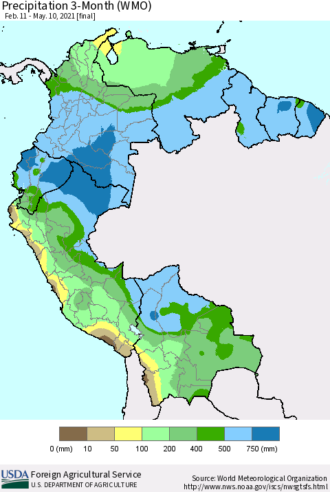 Northern South America Precipitation 3-Month (WMO) Thematic Map For 2/11/2021 - 5/10/2021