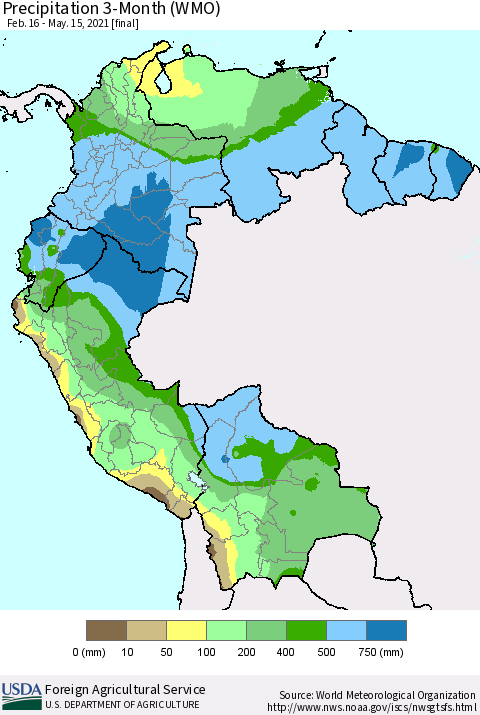 Northern South America Precipitation 3-Month (WMO) Thematic Map For 2/16/2021 - 5/15/2021