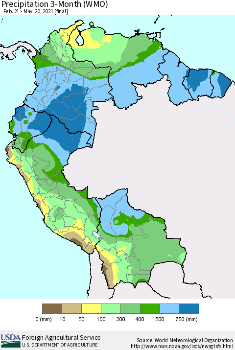 Northern South America Precipitation 3-Month (WMO) Thematic Map For 2/21/2021 - 5/20/2021