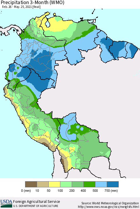 Northern South America Precipitation 3-Month (WMO) Thematic Map For 2/26/2021 - 5/25/2021