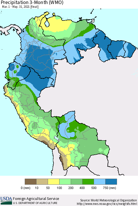 Northern South America Precipitation 3-Month (WMO) Thematic Map For 3/1/2021 - 5/31/2021